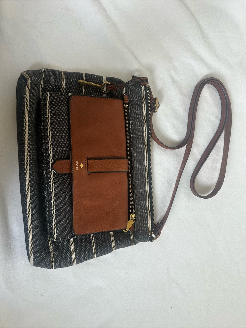 Fossil Black Striped Canvas Messenger with Brown Leather Trim